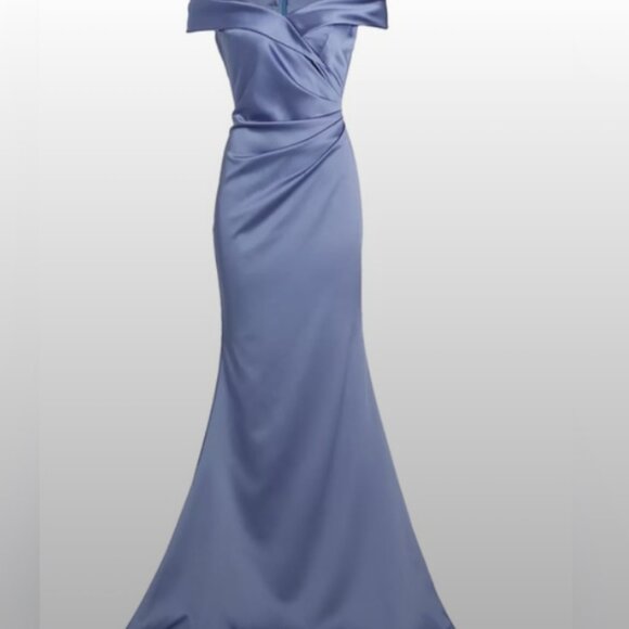 Teri Jon Gown Women 14 Blue Purple Stretch Satin Off Shoulder Glam Chic - Picture 3 of 16